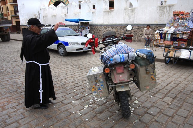 Getting motorcycle blessed in Copacabana, Bolivia
